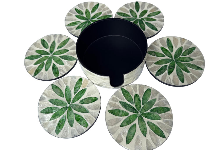 Mother of Pearl Round Coaster Set with Holder - Handmade Shell Drink Coasters, Decorative Table Coasters, Unique Gift Set 15