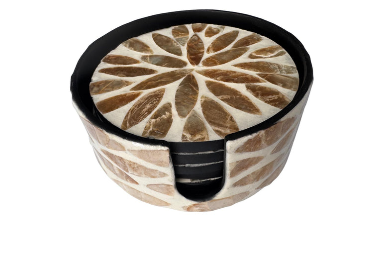 Mother of Pearl Round Coaster Set with Holder - Handmade Shell Drink Coasters, Decorative Table Coasters, Unique Gift Set 11