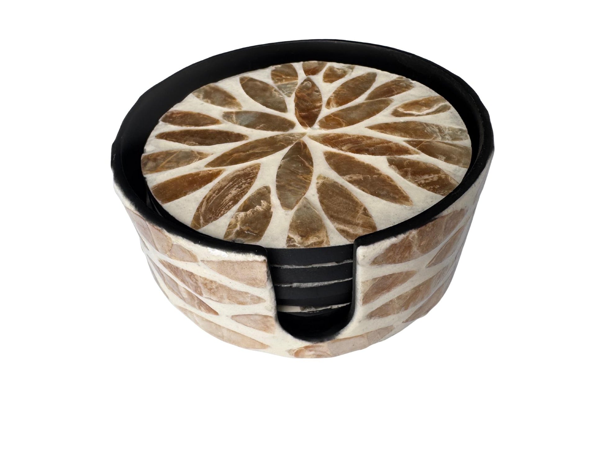 Mother of Pearl Round Coaster Set with Holder - Handmade Shell Drink Coasters, Decorative Table Coasters, Unique Gift Set 11