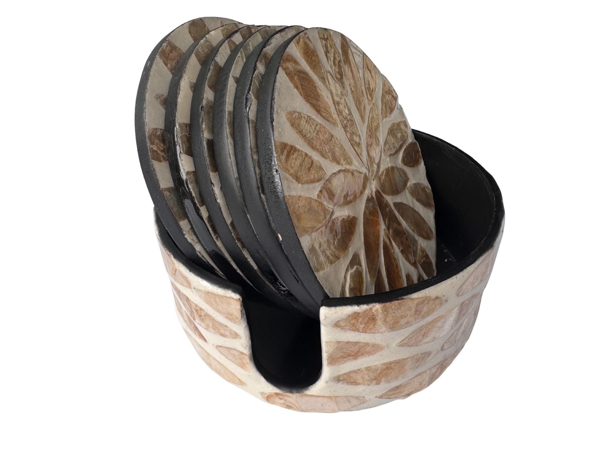 Mother of Pearl Round Coaster Set with Holder - Handmade Shell Drink Coasters, Decorative Table Coasters, Unique Gift Set 11
