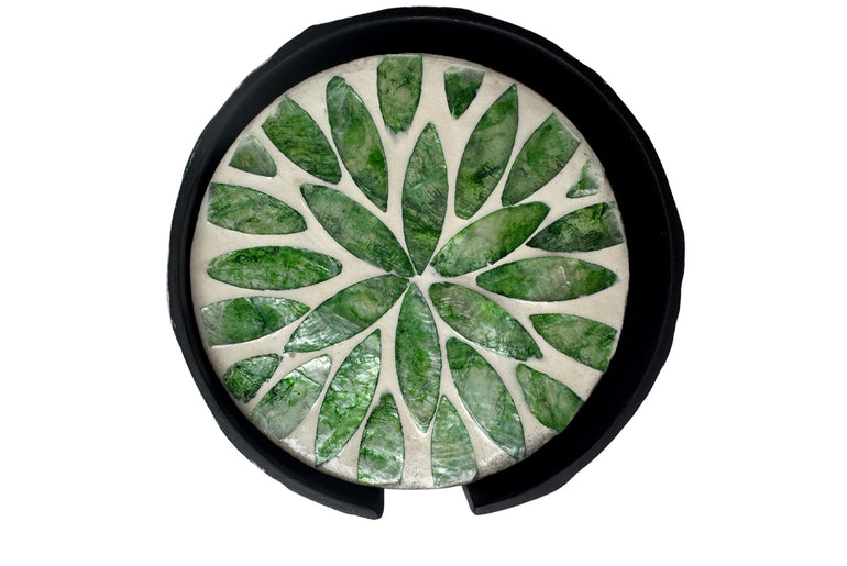 Mother of Pearl Round Coaster Set with Holder - Handmade Shell Drink Coasters, Decorative Table Coasters, Unique Gift Set 13