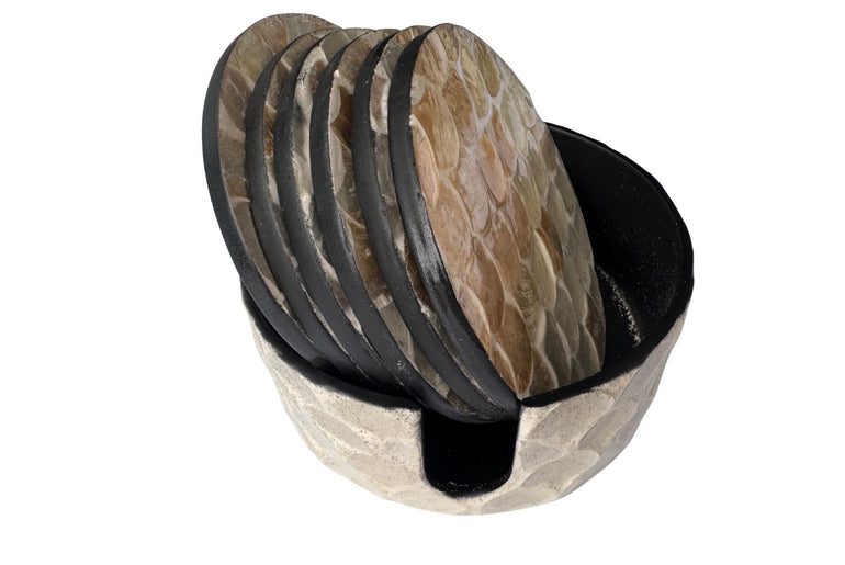 Mother of Pearl Round Coaster Set with Holder - Handmade Shell Drink Coasters, Decorative Table Coasters, Unique Gift Set 8