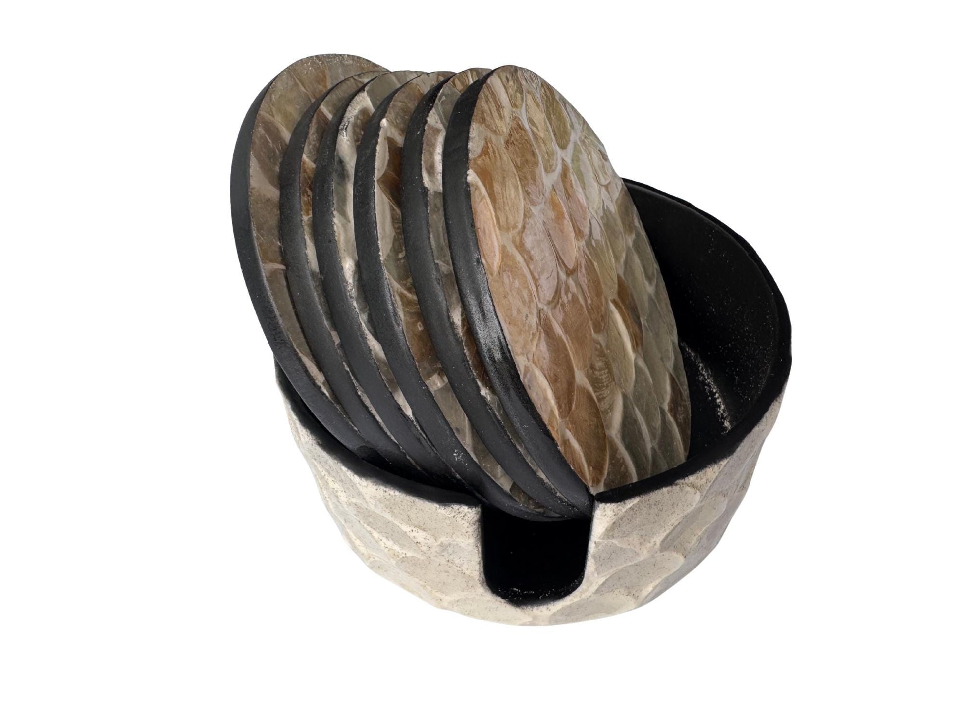 Mother of Pearl Round Coaster Set with Holder - Handmade Shell Drink Coasters, Decorative Table Coasters, Unique Gift Set 8