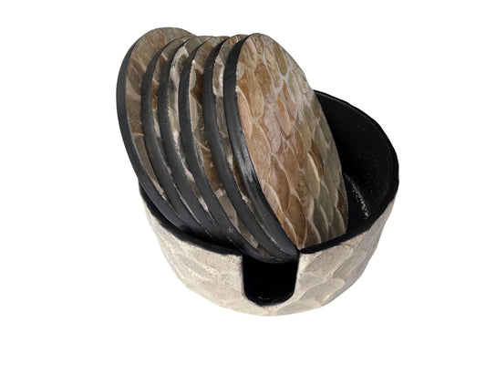 Mother of Pearl Round Coaster Set with Holder - Handmade Shell Drink Coasters, Decorative Table Coasters, Unique Gift Set 8