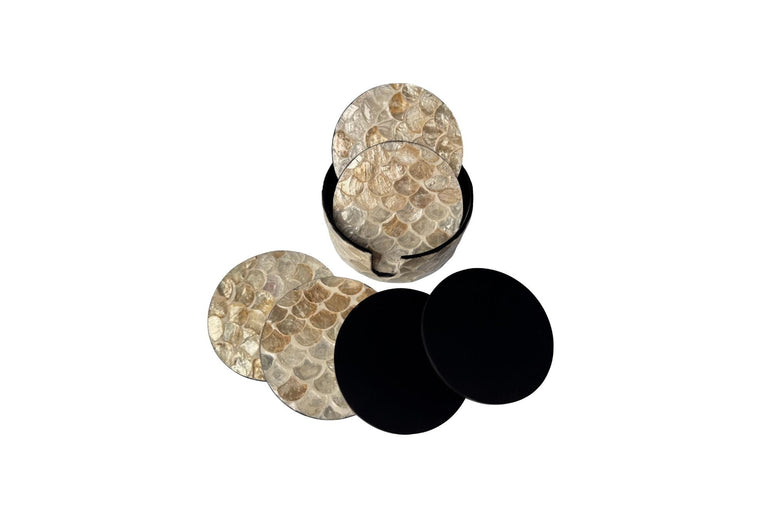 Mother of Pearl Round Coaster Set with Holder - Handmade Shell Drink Coasters, Decorative Table Coasters, Unique Gift Set 8