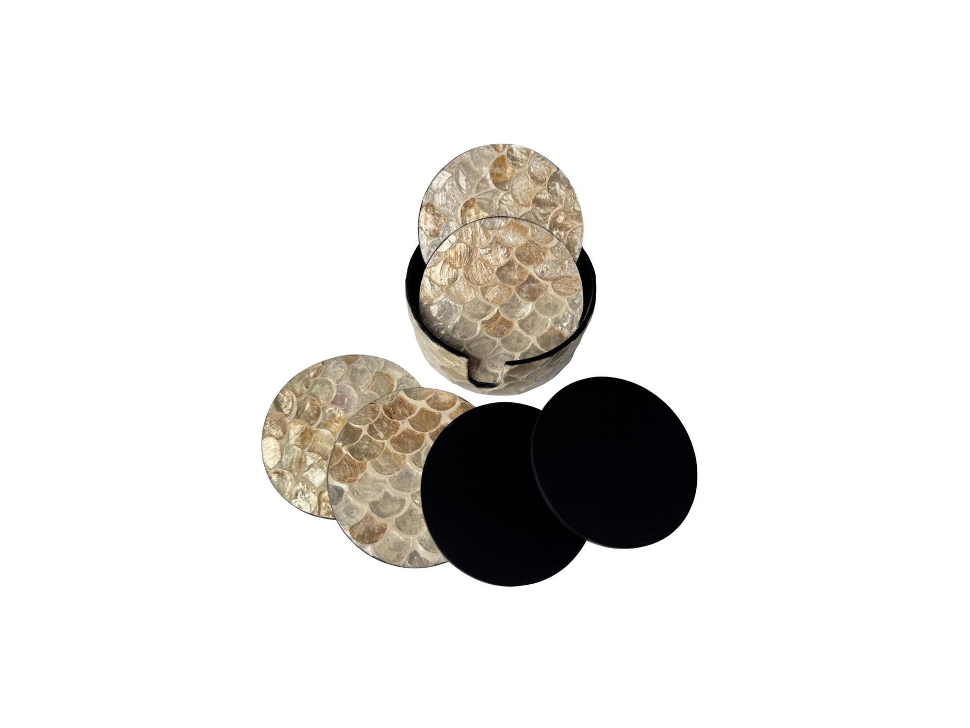 Mother of Pearl Round Coaster Set with Holder - Handmade Shell Drink Coasters, Decorative Table Coasters, Unique Gift Set 8