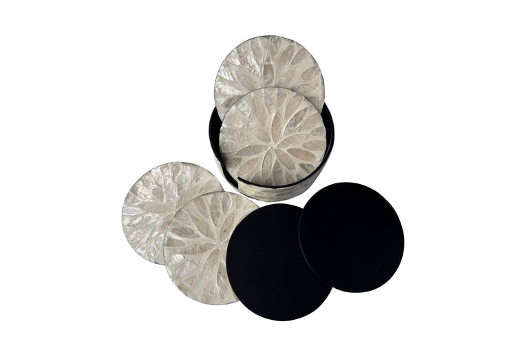 Mother of Pearl Round Coaster Set with Holder - Handmade Shell Drink Coasters, Decorative Table Coasters, Unique Gift Set 9