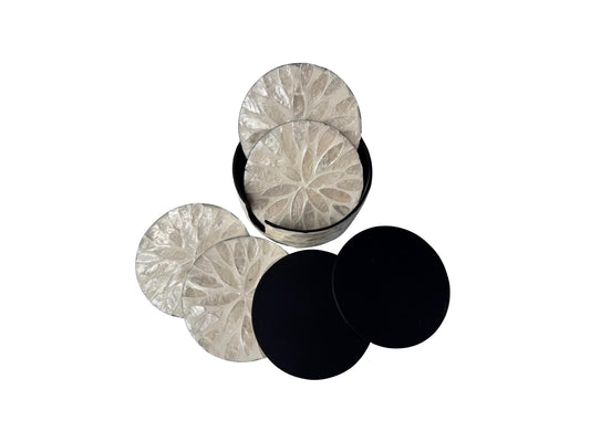 Mother of Pearl Round Coaster Set with Holder - Handmade Shell Drink Coasters, Decorative Table Coasters, Unique Gift Set 9