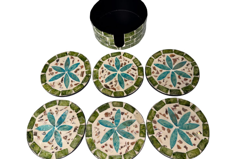 Mother of Pearl Round Coaster Set with Holder - Handmade Shell Drink Coasters, Decorative Table Coasters, Unique Gift Set 10