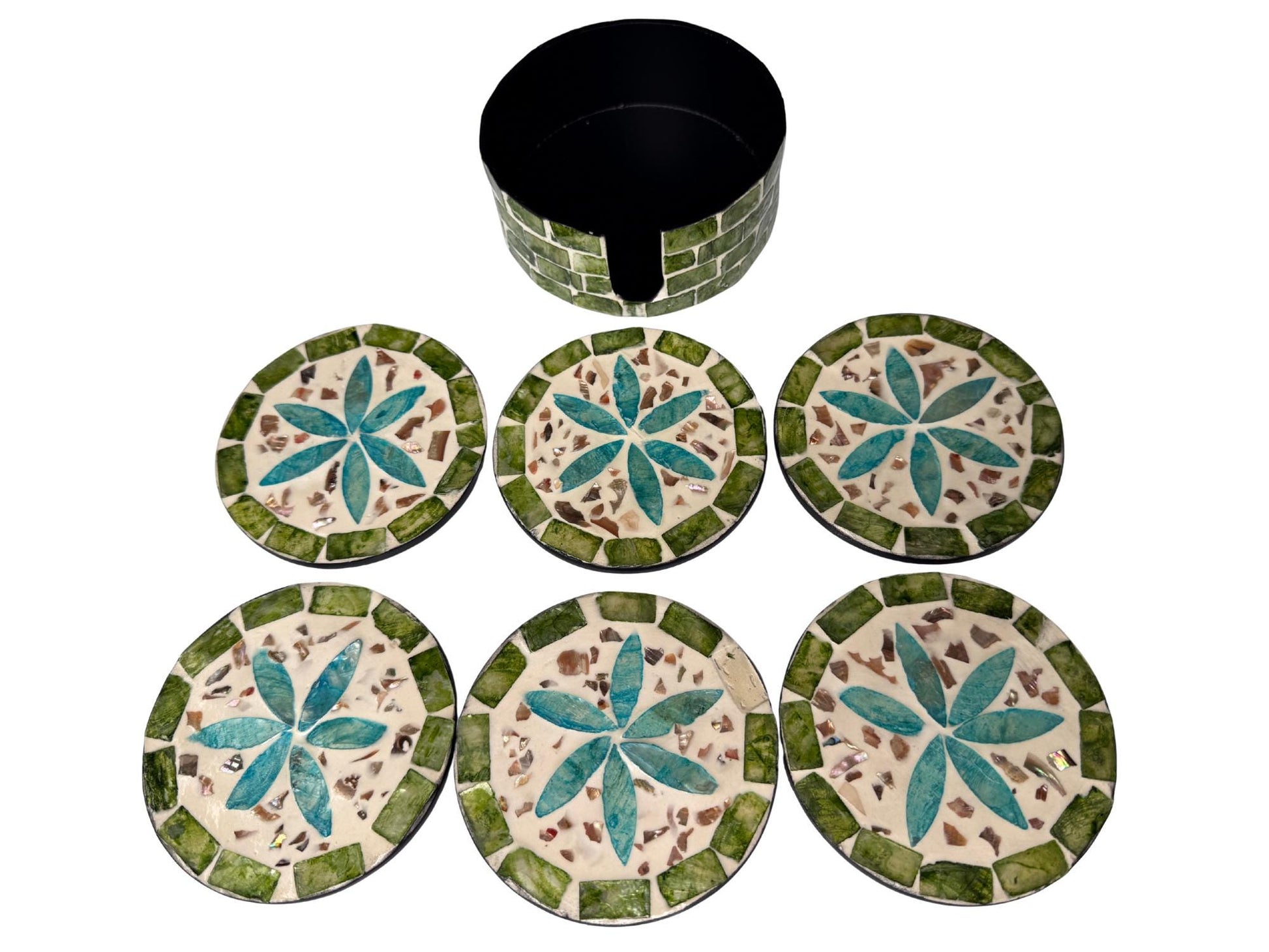 Mother of Pearl Round Coaster Set with Holder - Handmade Shell Drink Coasters, Decorative Table Coasters, Unique Gift Set 10