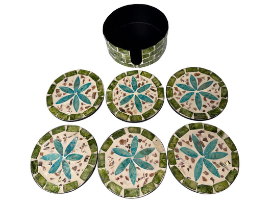 Mother of Pearl Round Coaster Set with Holder - Handmade Shell Drink Coasters, Decorative Table Coasters, Unique Gift Set 10