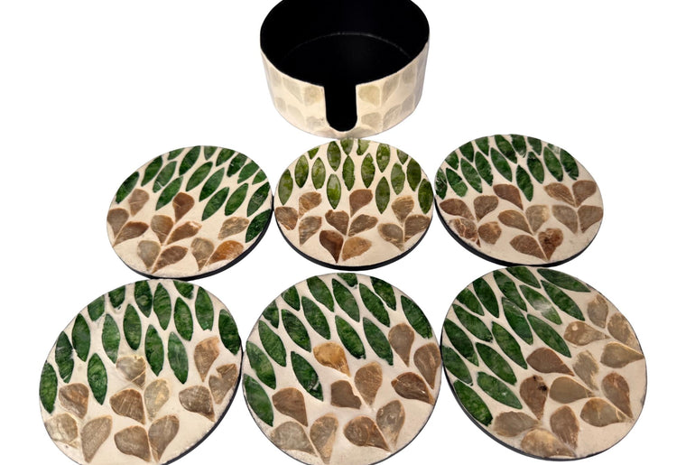 Mother of Pearl Round Coaster Set with Holder - Handmade Shell Drink Coasters, Decorative Table Coasters, Unique Gift Set 12
