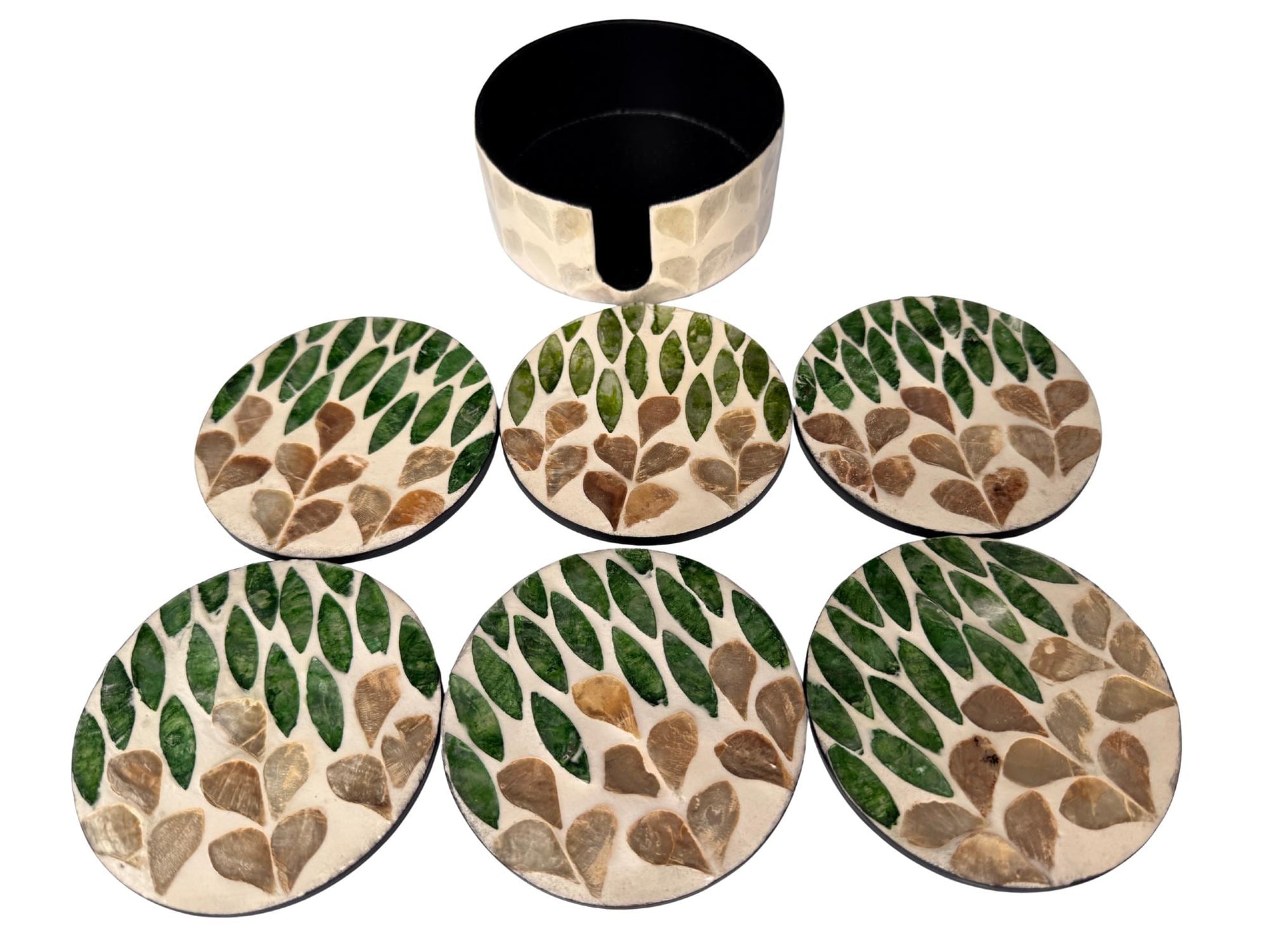 Mother of Pearl Round Coaster Set with Holder - Handmade Shell Drink Coasters, Decorative Table Coasters, Unique Gift Set 12