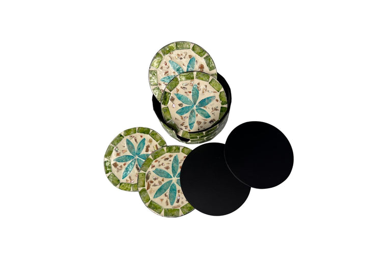 Mother of Pearl Round Coaster Set with Holder - Handmade Shell Drink Coasters, Decorative Table Coasters, Unique Gift Set 10