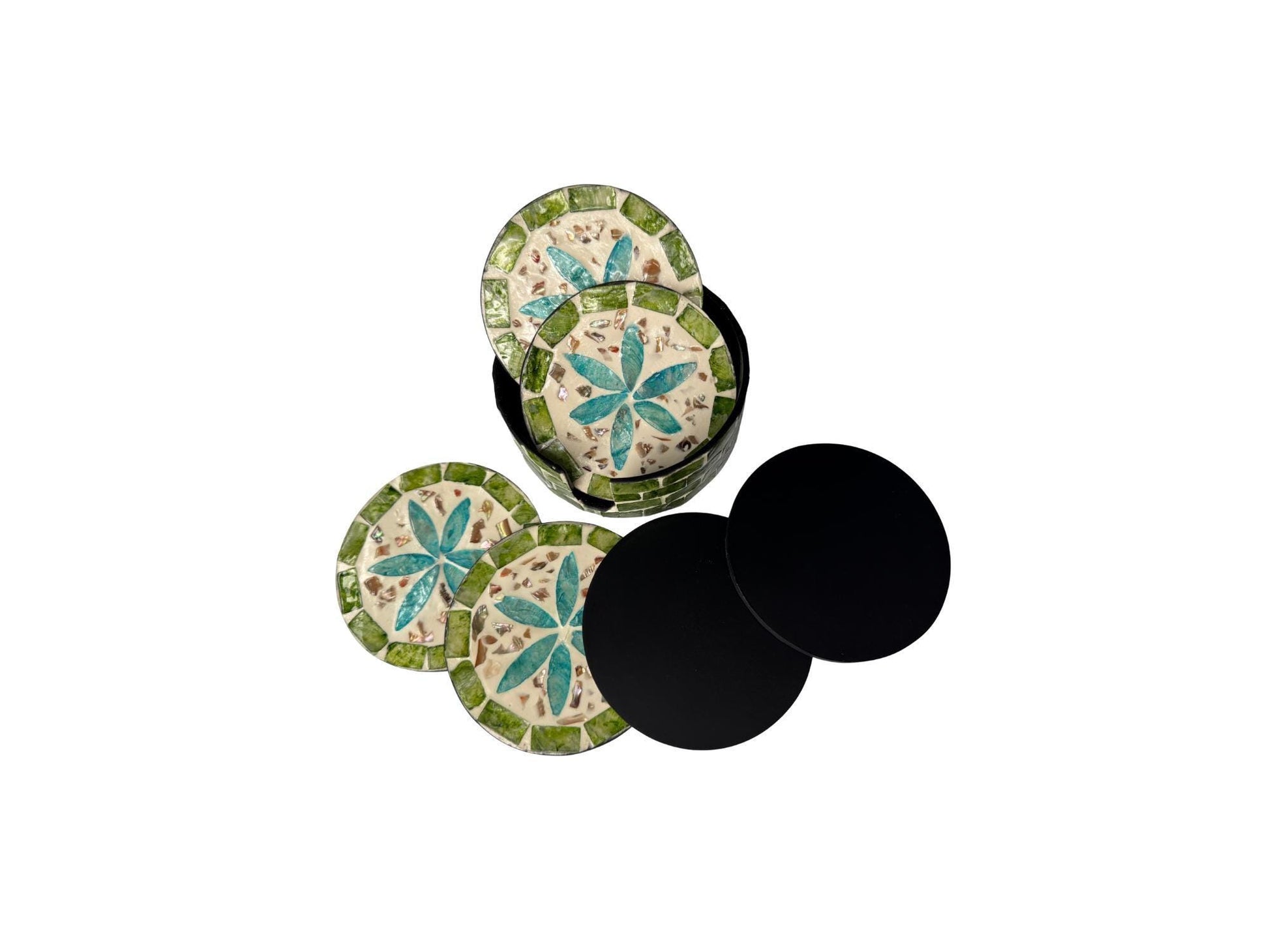 Mother of Pearl Round Coaster Set with Holder - Handmade Shell Drink Coasters, Decorative Table Coasters, Unique Gift Set 10
