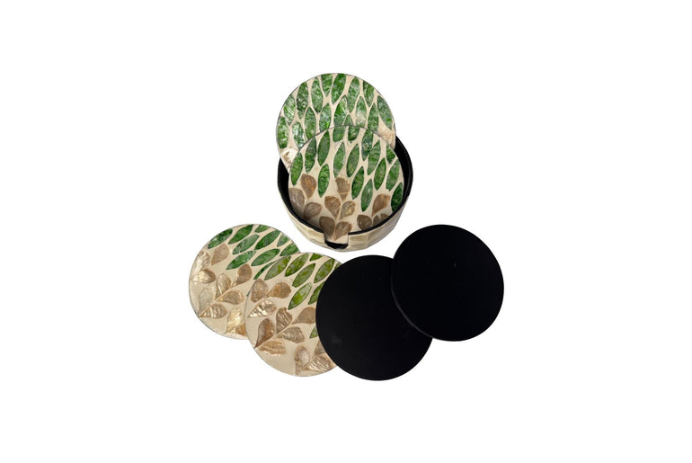 Mother of Pearl Round Coaster Set with Holder - Handmade Shell Drink Coasters, Decorative Table Coasters, Unique Gift Set 12