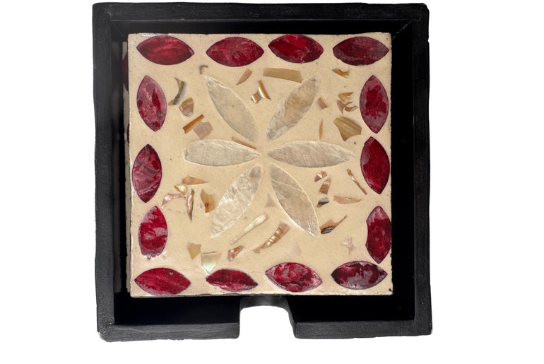 Mother of Pearl Square Coaster Set with Holder - Handmade Shell Drink Coasters, Natural Mother of Pearl Table Decor, Housewarming Gift 4