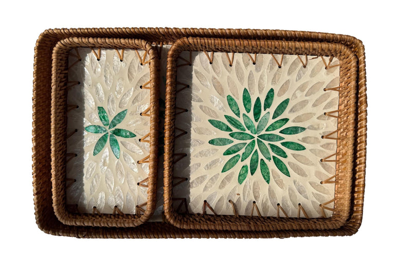 Rattan Tray with Mother of Pearl Inlay Base, Handmade Woven Serving Tray, Boho Coastal Coffee Table Decor, Made in Vietnam 84