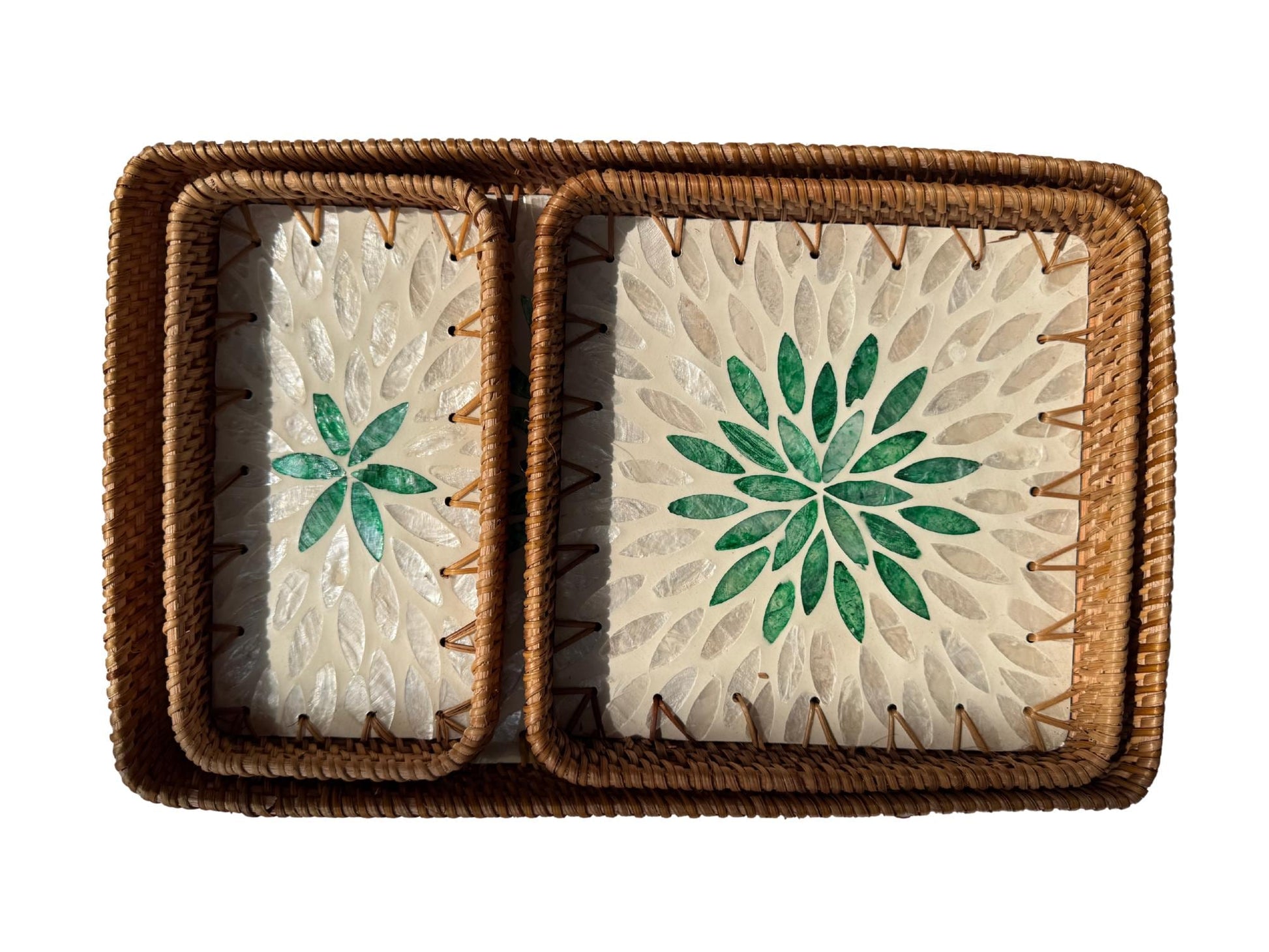 Rattan Tray with Mother of Pearl Inlay Base, Handmade Woven Serving Tray, Boho Coastal Coffee Table Decor, Made in Vietnam 84