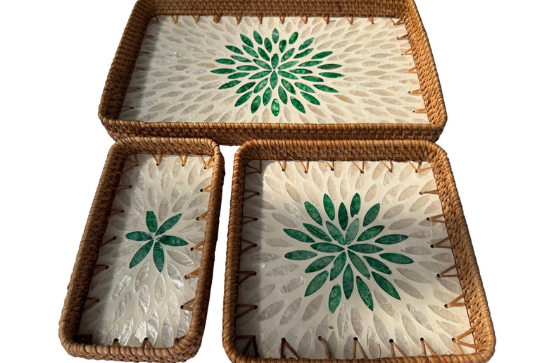Rattan Tray with Mother of Pearl Inlay Base, Handmade Woven Serving Tray, Boho Coastal Coffee Table Decor, Made in Vietnam 84