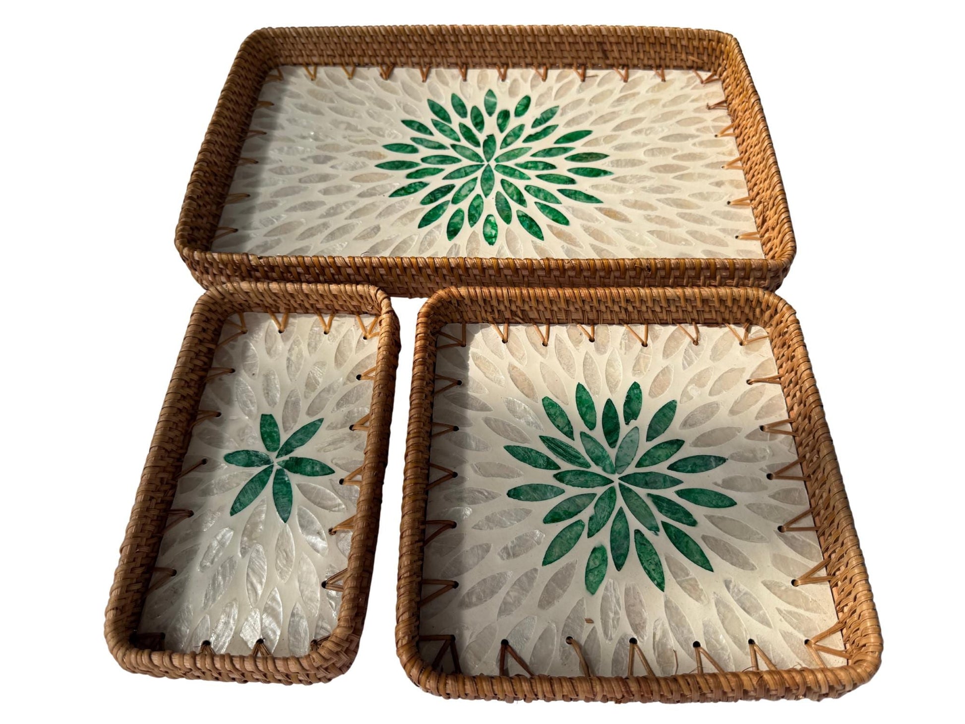 Rattan Tray with Mother of Pearl Inlay Base, Handmade Woven Serving Tray, Boho Coastal Coffee Table Decor, Made in Vietnam 84