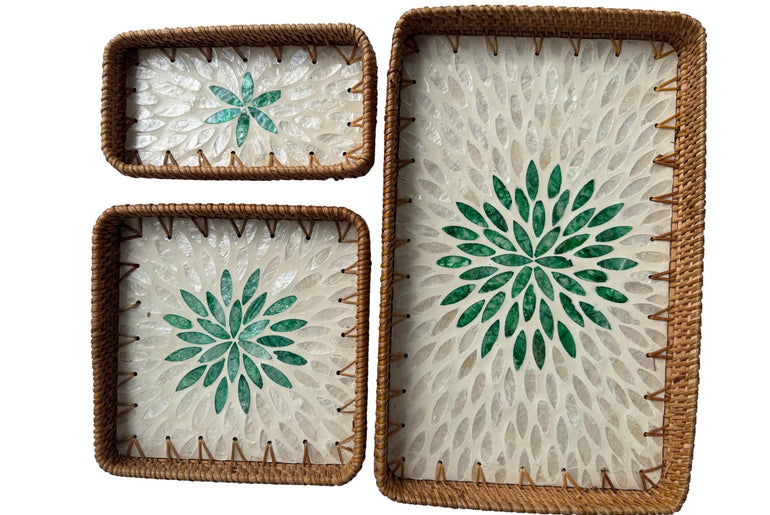 Rattan Tray with Mother of Pearl Inlay Base, Handmade Woven Serving Tray, Boho Coastal Coffee Table Decor, Made in Vietnam 84