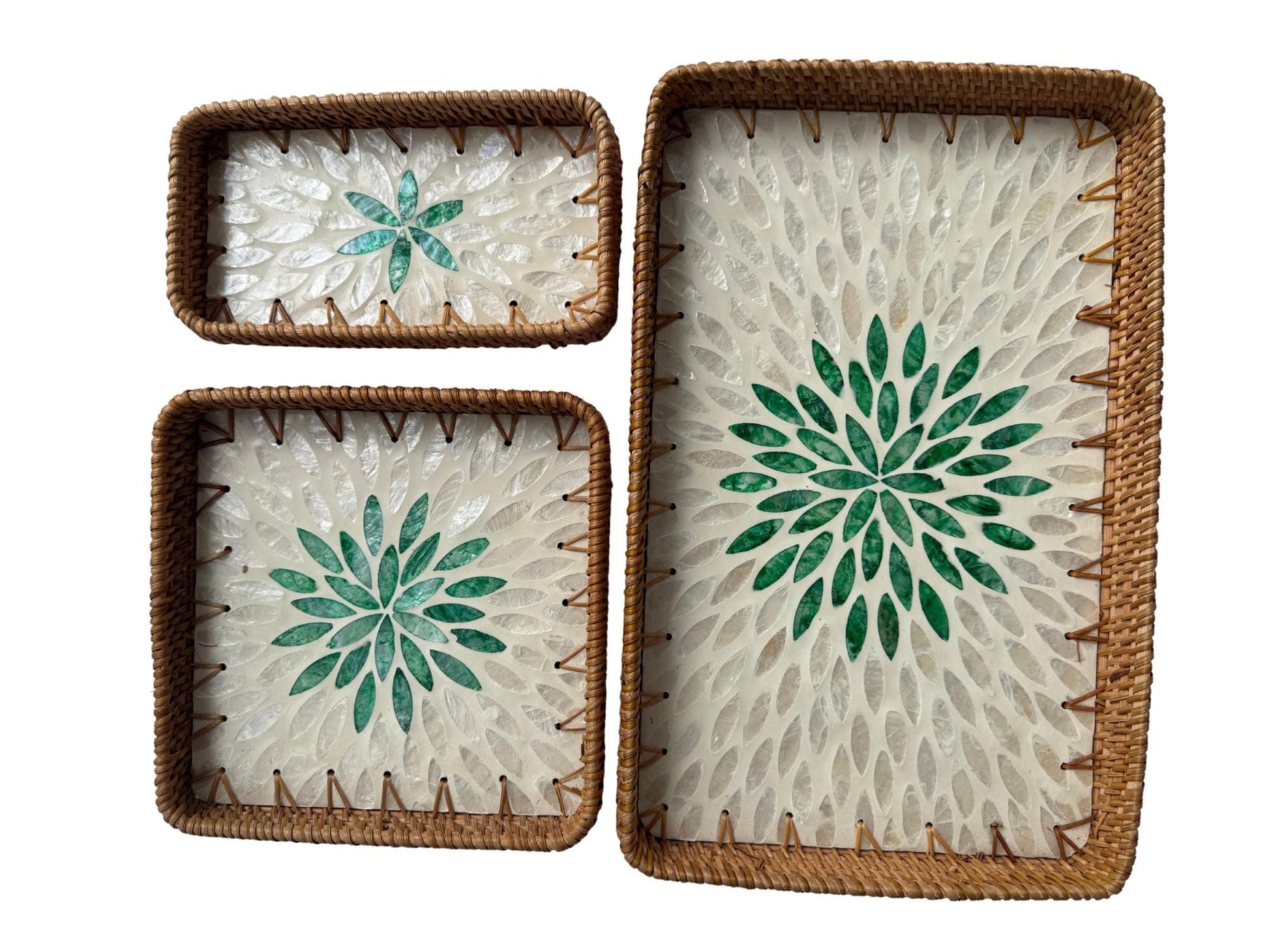 Rattan Tray with Mother of Pearl Inlay Base, Handmade Woven Serving Tray, Boho Coastal Coffee Table Decor, Made in Vietnam 84