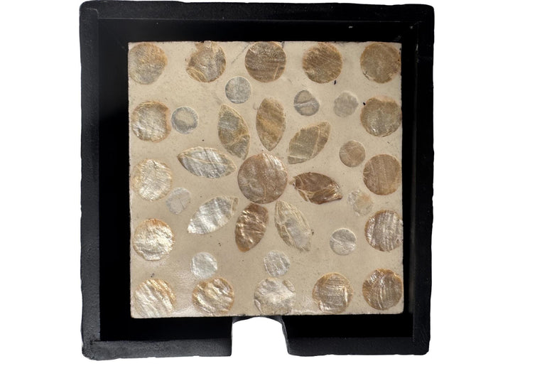 Mother of Pearl Square Coaster Set with Holder - Handmade Shell Drink Coasters, Natural Mother of Pearl Table Decor, Housewarming Gift 2