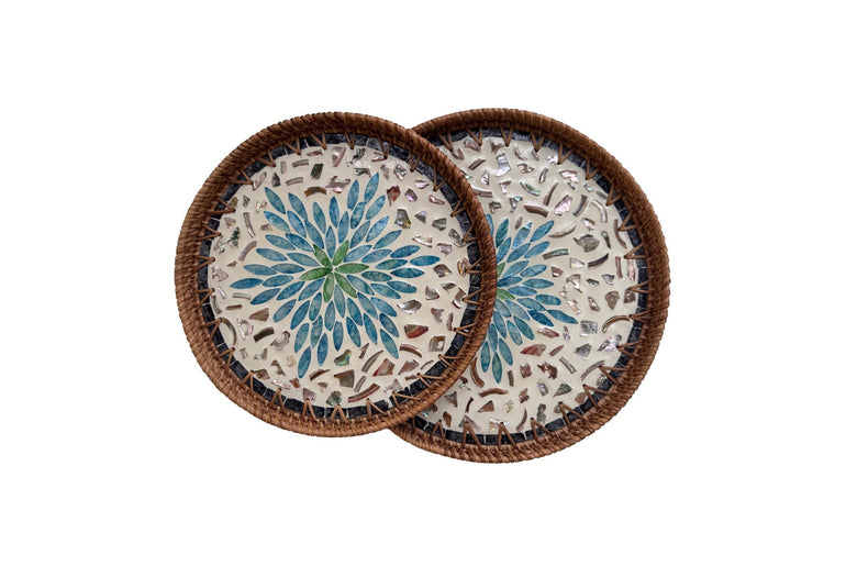 Natural Round Rattan Display Tray with Shell Inlay Base - Artisan Handmade Decor Tray for Coffee Table, Kitchen Serving, Made in Vietnam 20