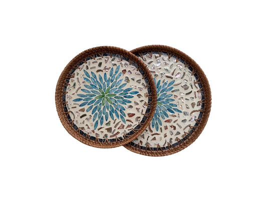 Natural Round Rattan Display Tray with Shell Inlay Base - Artisan Handmade Decor Tray for Coffee Table, Kitchen Serving, Made in Vietnam 20