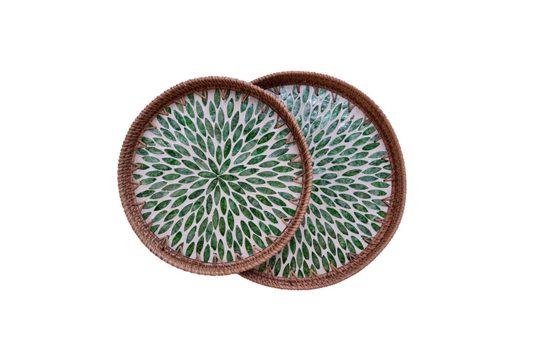 Natural Round Rattan Display Tray with Shell Inlay Base - Artisan Handmade Decor Tray for Coffee Table, Kitchen Serving, Made in Vietnam 28
