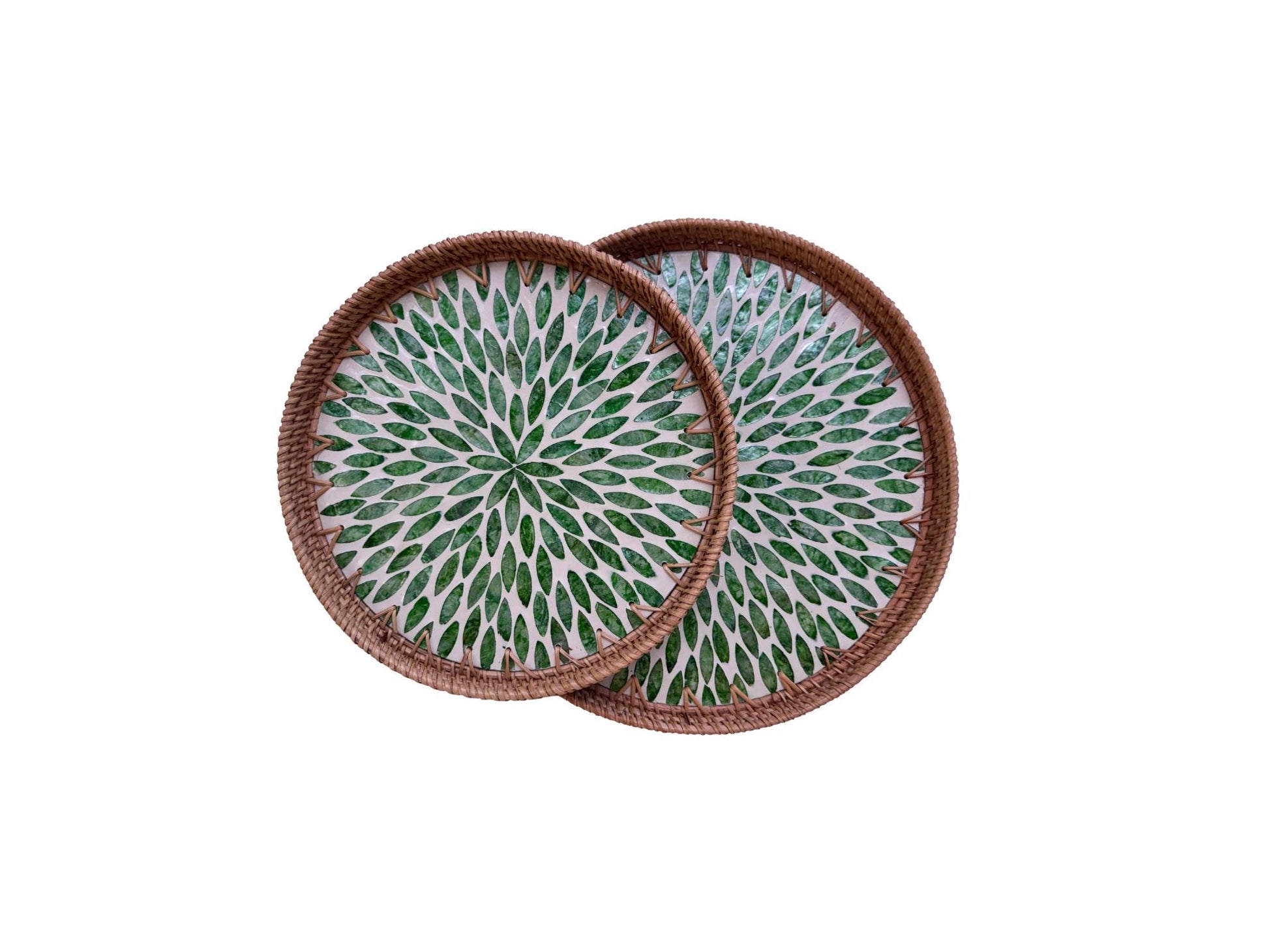 Natural Round Rattan Display Tray with Shell Inlay Base - Artisan Handmade Decor Tray for Coffee Table, Kitchen Serving, Made in Vietnam 28