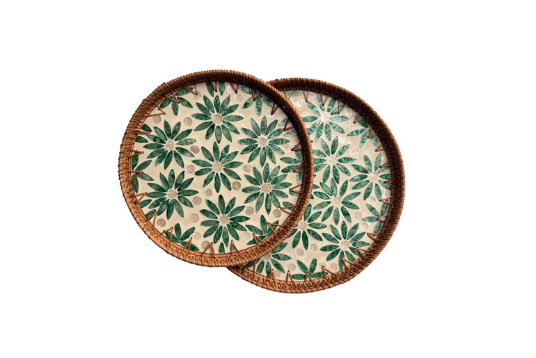 Natural Round Rattan Display Tray with Shell Inlay Base - Artisan Handmade Decor Tray for Coffee Table, Kitchen Serving, Made in Vietnam 18
