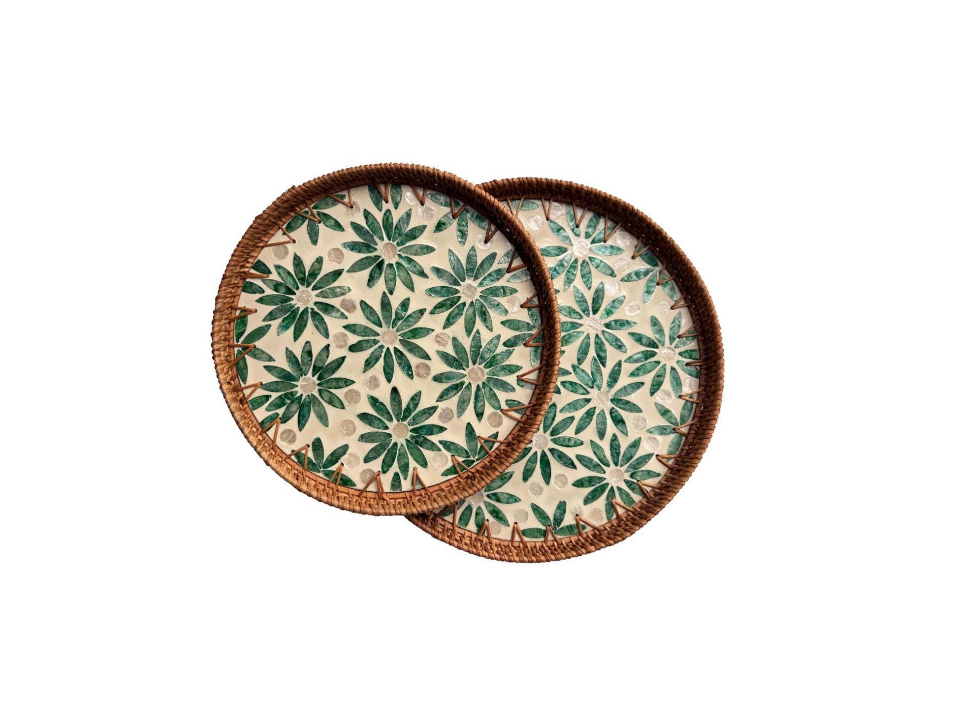 Natural Round Rattan Display Tray with Shell Inlay Base - Artisan Handmade Decor Tray for Coffee Table, Kitchen Serving, Made in Vietnam 18