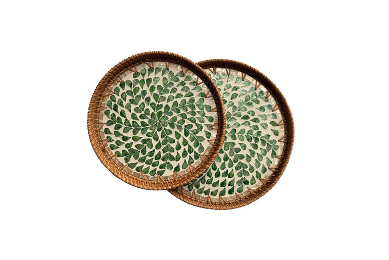 Natural Round Rattan Display Tray with Shell Inlay Base - Artisan Handmade Decor Tray for Coffee Table, Kitchen Serving, Made in Vietnam 30