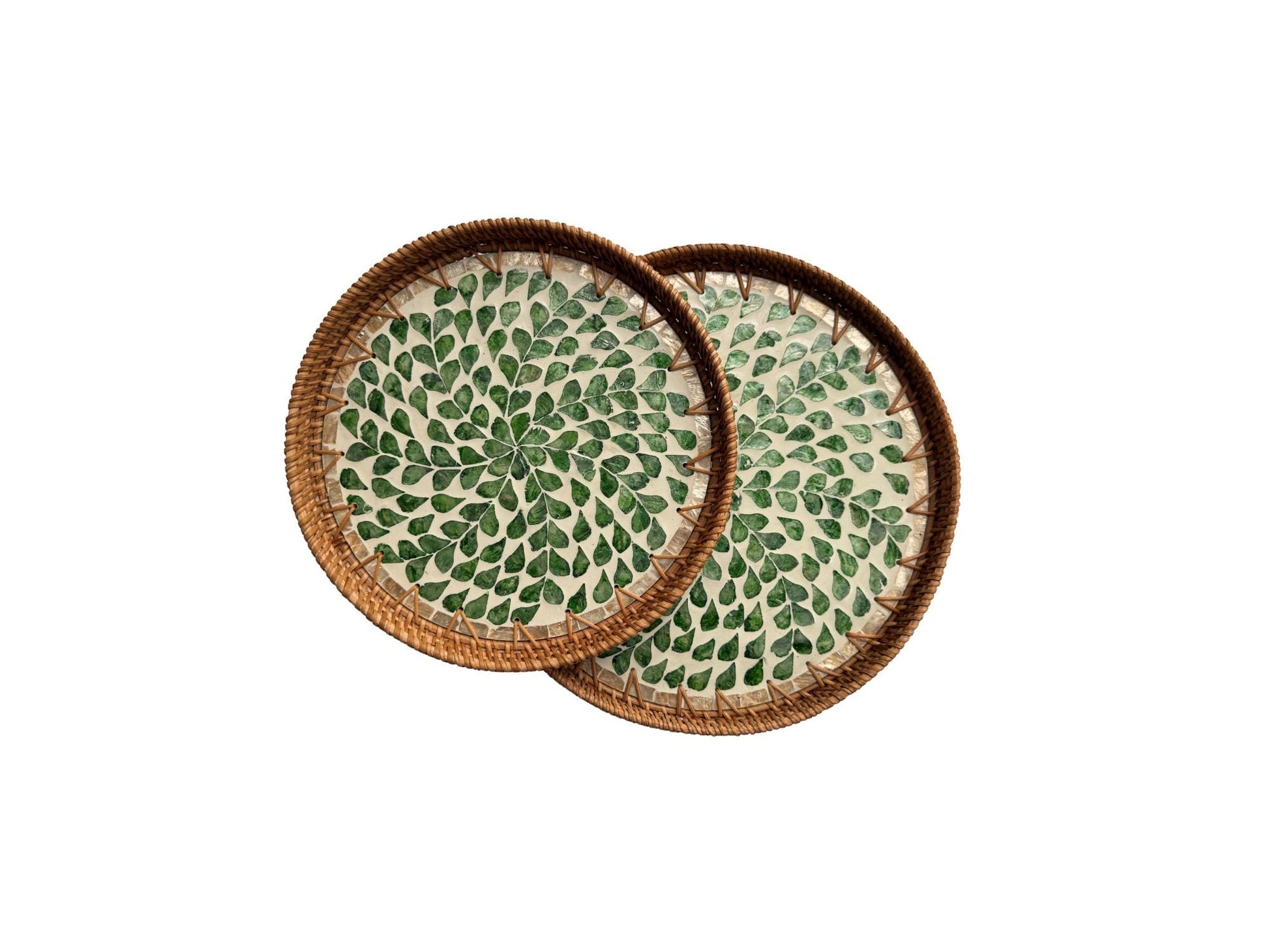 Natural Round Rattan Display Tray with Shell Inlay Base - Artisan Handmade Decor Tray for Coffee Table, Kitchen Serving, Made in Vietnam 30