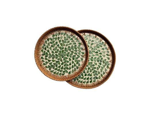 Natural Round Rattan Display Tray with Shell Inlay Base - Artisan Handmade Decor Tray for Coffee Table, Kitchen Serving, Made in Vietnam 30