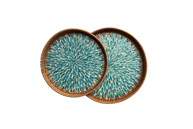 Natural Round Rattan Display Tray with Shell Inlay Base - Artisan Handmade Decor Tray for Coffee Table, Kitchen Serving, Made in Vietnam 143