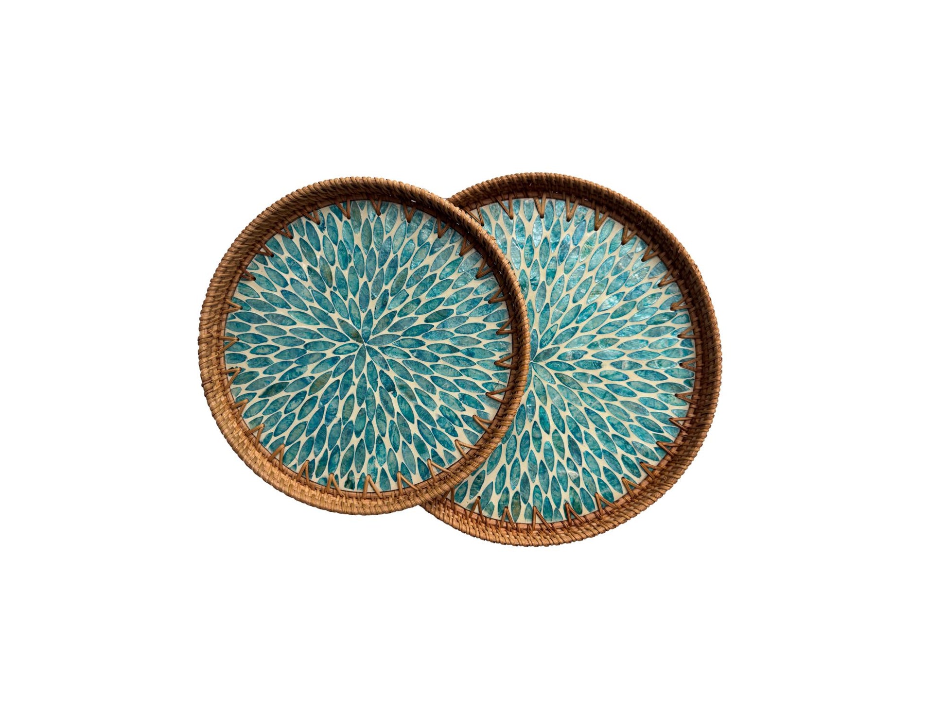 Natural Round Rattan Display Tray with Shell Inlay Base - Artisan Handmade Decor Tray for Coffee Table, Kitchen Serving, Made in Vietnam 143