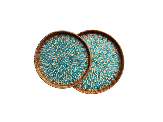 Natural Round Rattan Display Tray with Shell Inlay Base - Artisan Handmade Decor Tray for Coffee Table, Kitchen Serving, Made in Vietnam 143