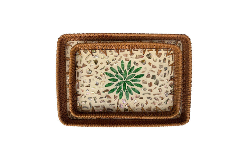 Handmade Rectangular Rattan Tray with Mother of Pearl Inlay Base - Boho Decorative Serving Tray for Coffee Table & Home Decor 39