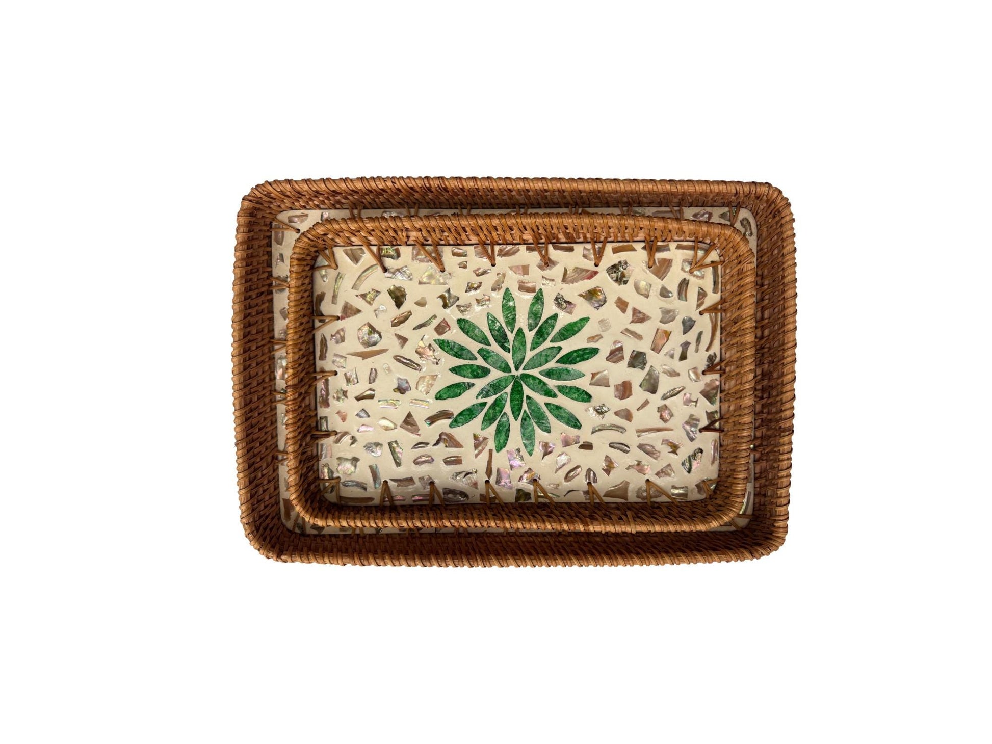 Handmade Rectangular Rattan Tray with Mother of Pearl Inlay Base - Boho Decorative Serving Tray for Coffee Table & Home Decor 39
