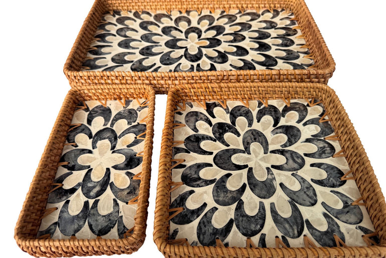 Rattan Tray with Mother of Pearl Inlay Base, Handmade Woven Serving Tray, Boho Coastal Coffee Table Decor, Made in Vietnam 83