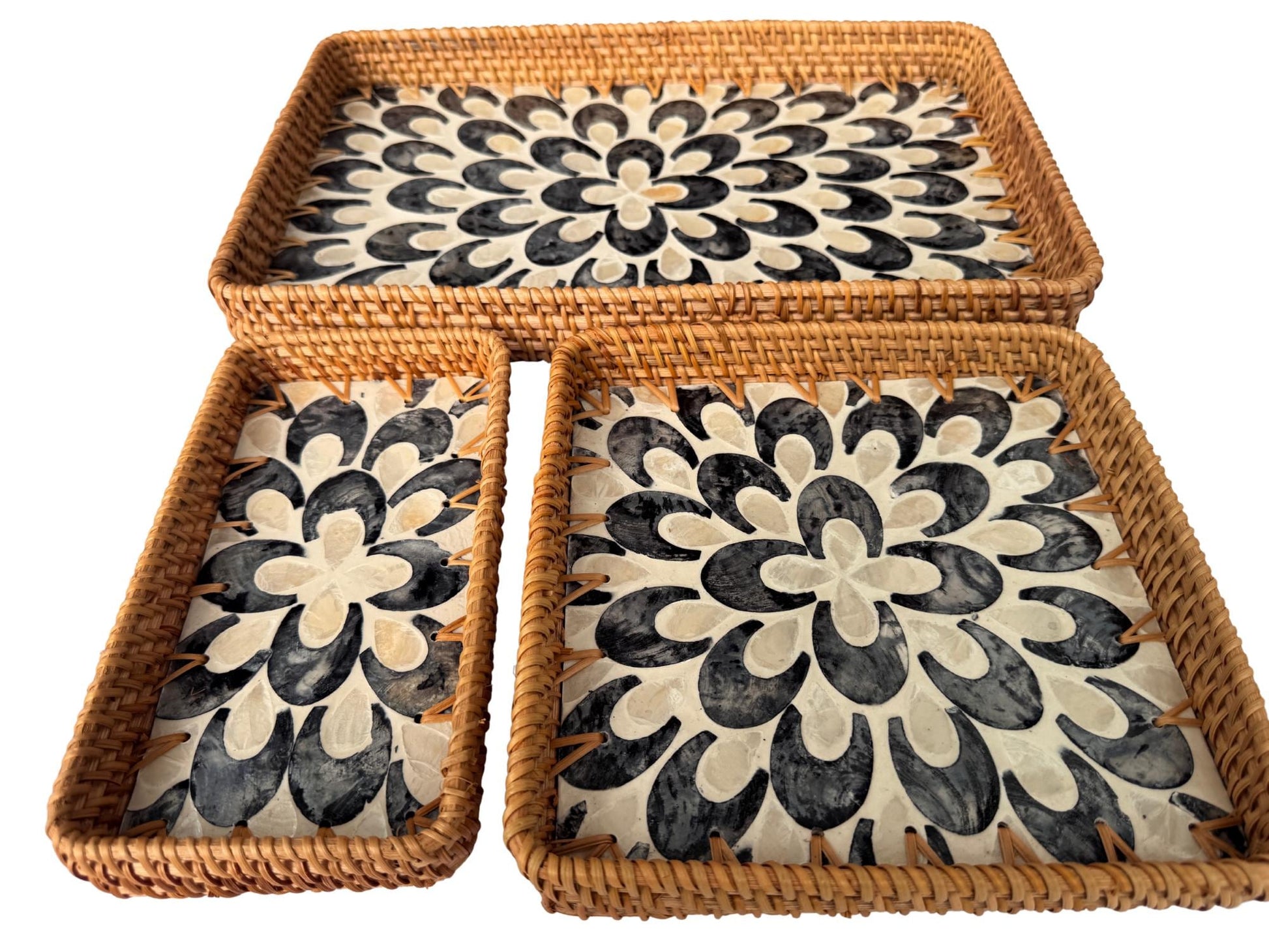 Rattan Tray with Mother of Pearl Inlay Base, Handmade Woven Serving Tray, Boho Coastal Coffee Table Decor, Made in Vietnam 83