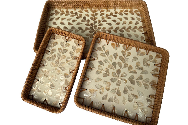 Rattan Tray with Mother of Pearl Inlay Base, Handmade Woven Serving Tray, Boho Coastal Coffee Table Decor, Made in Vietnam 97