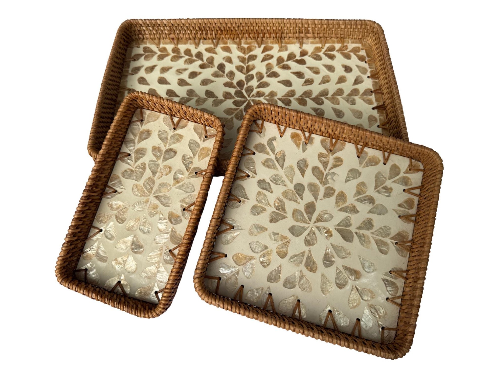 Rattan Tray with Mother of Pearl Inlay Base, Handmade Woven Serving Tray, Boho Coastal Coffee Table Decor, Made in Vietnam 97