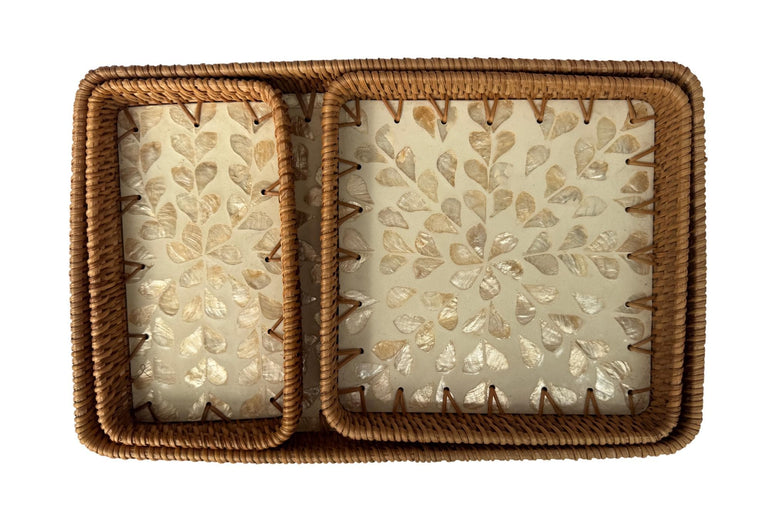 Rattan Tray with Mother of Pearl Inlay Base, Handmade Woven Serving Tray, Boho Coastal Coffee Table Decor, Made in Vietnam 97