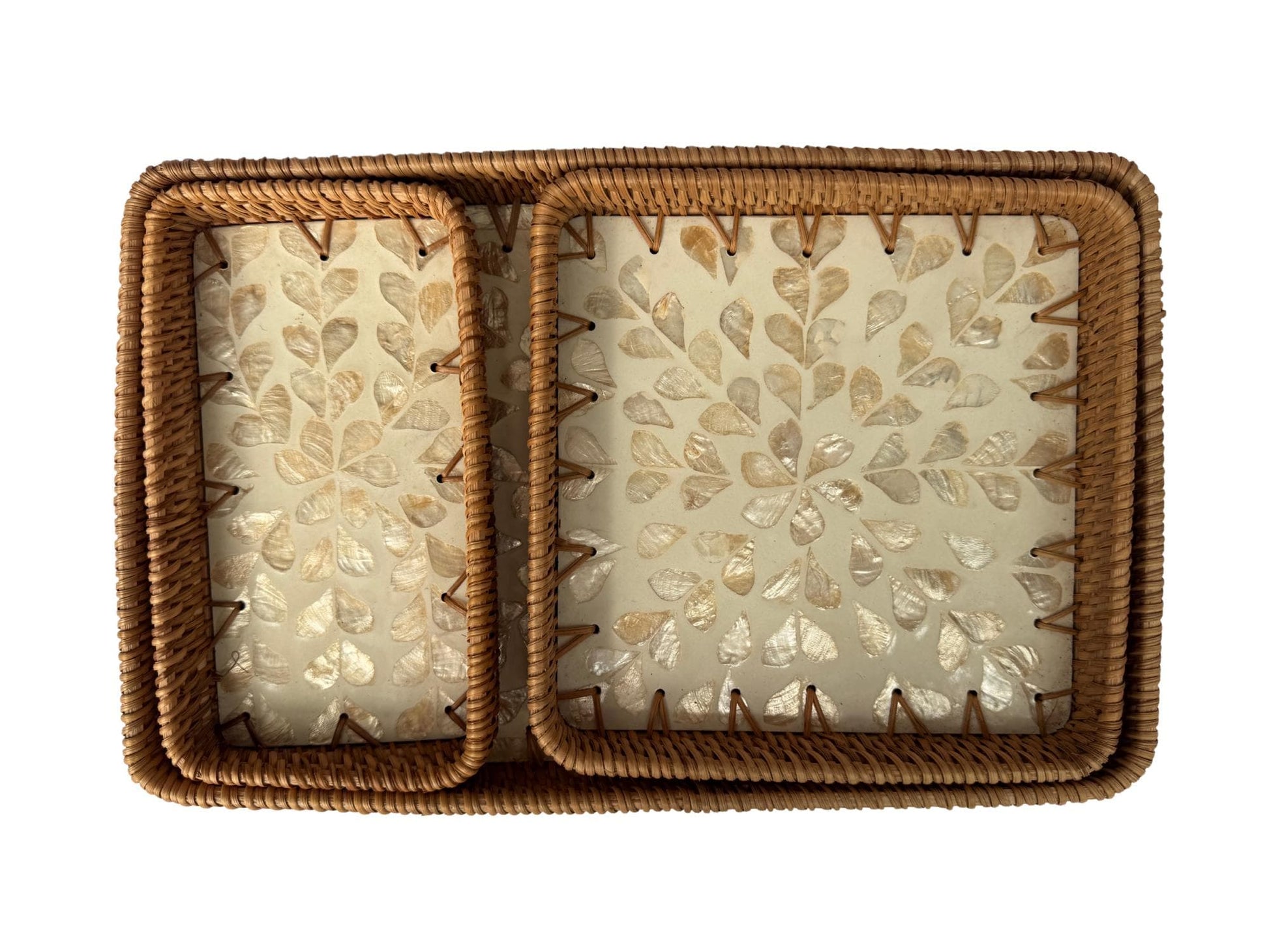 Rattan Tray with Mother of Pearl Inlay Base, Handmade Woven Serving Tray, Boho Coastal Coffee Table Decor, Made in Vietnam 97