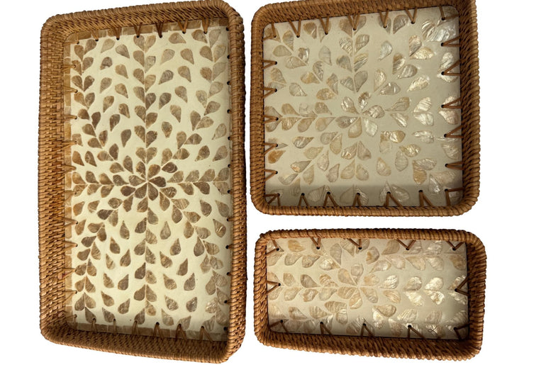 Rattan Tray with Mother of Pearl Inlay Base, Handmade Woven Serving Tray, Boho Coastal Coffee Table Decor, Made in Vietnam 97