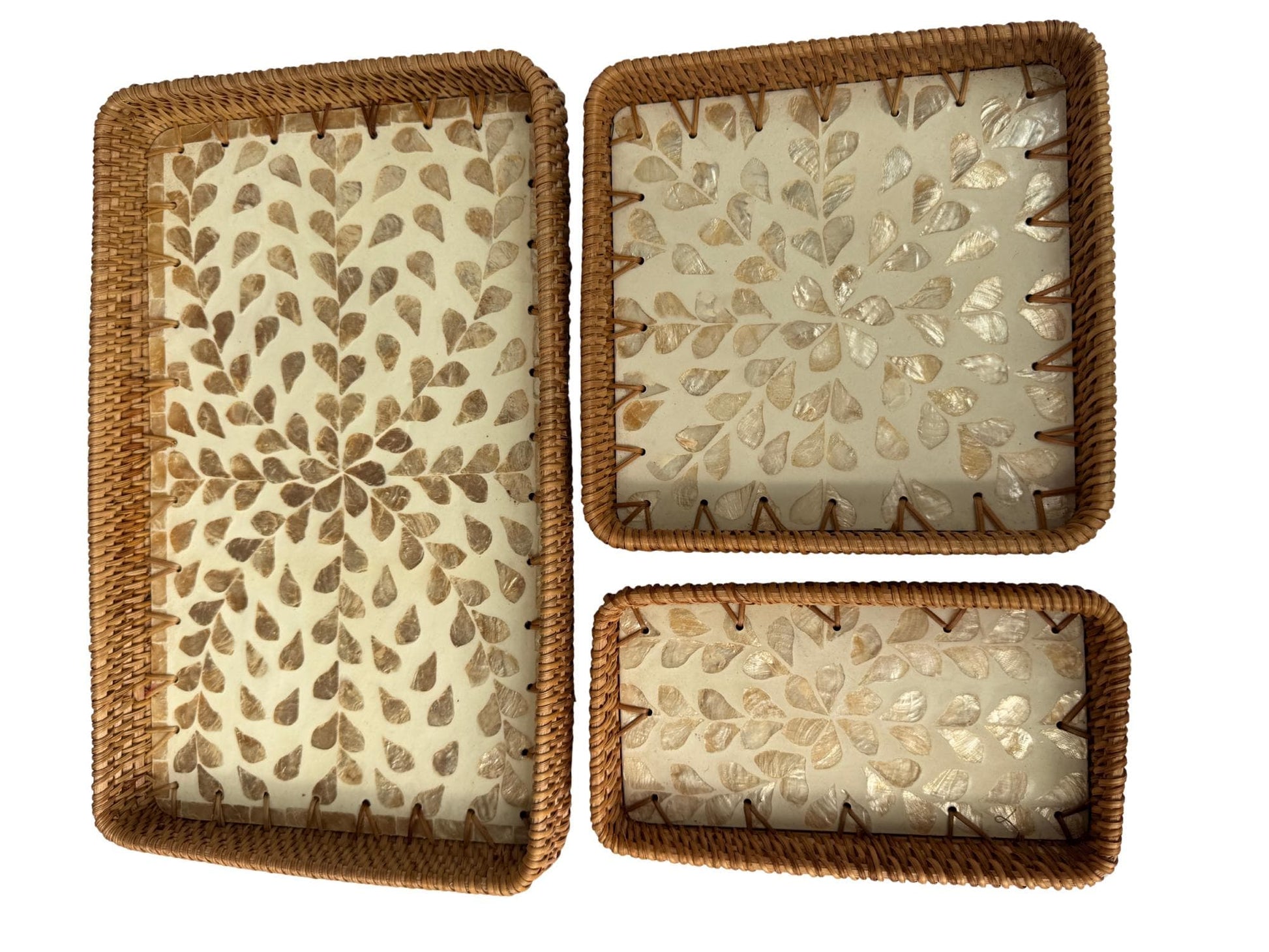 Rattan Tray with Mother of Pearl Inlay Base, Handmade Woven Serving Tray, Boho Coastal Coffee Table Decor, Made in Vietnam 97
